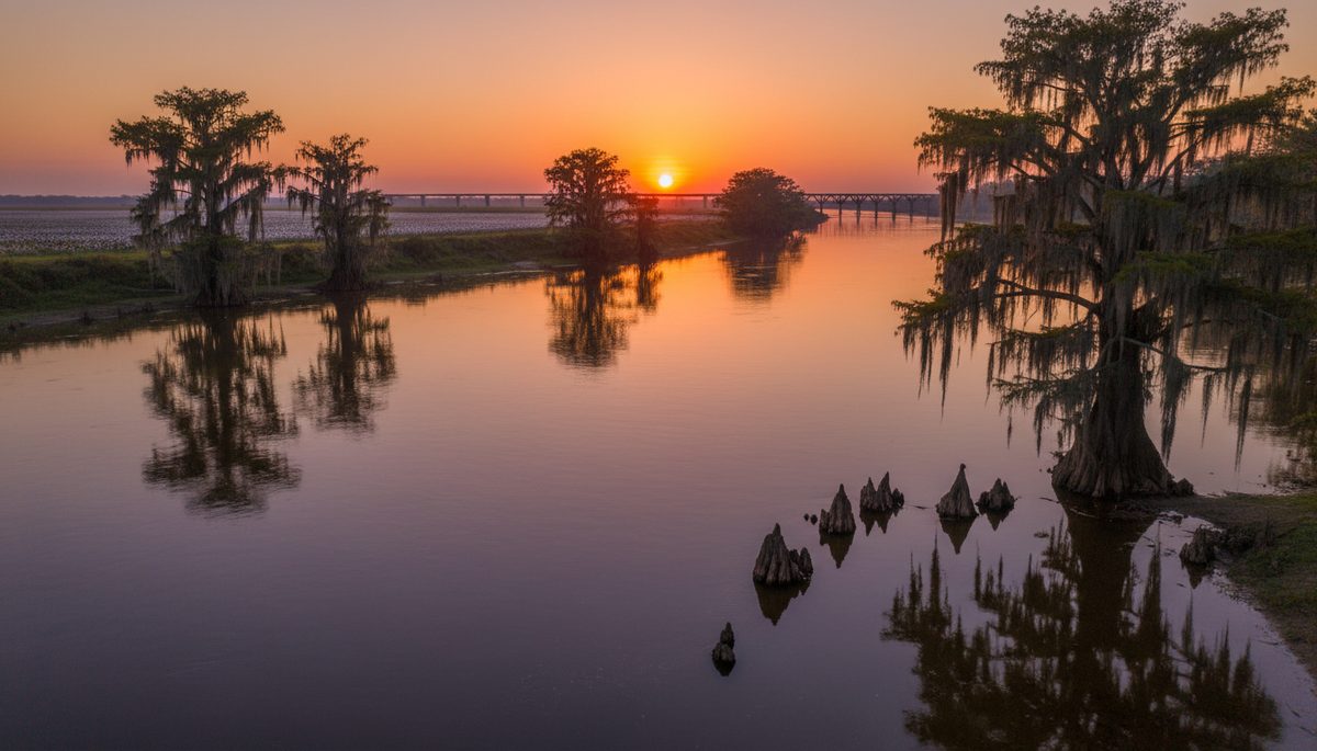 Mississippi Delta at sunset with a wide slow river, bald-cypress trees draped in Spanish moss, and distant cotton fields.